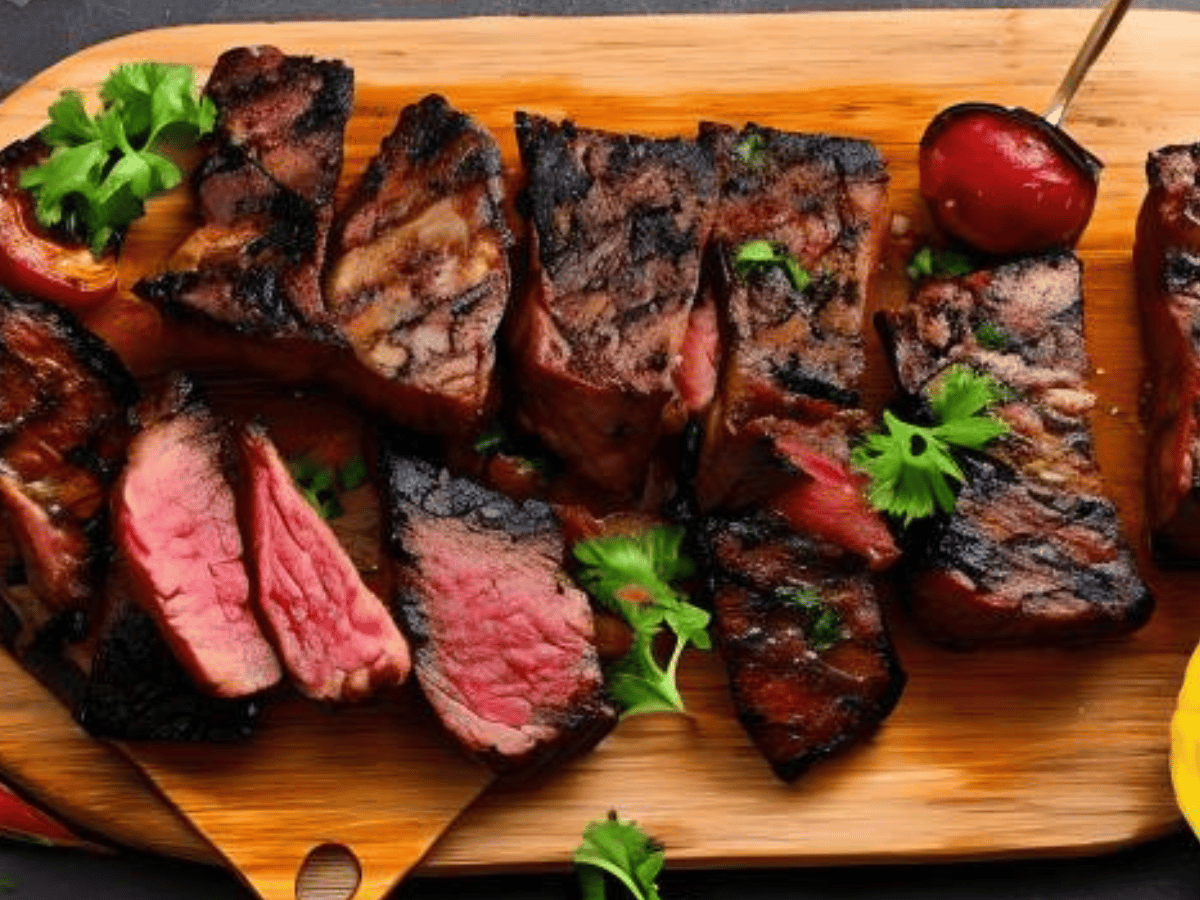 Churrasco perfeito: dicas e truques para preparar a carne ideal e impressionar seus convidados. Imagem de uma churrasqueira com diversas carnes grelhando e legumes na grelha ao fundo.