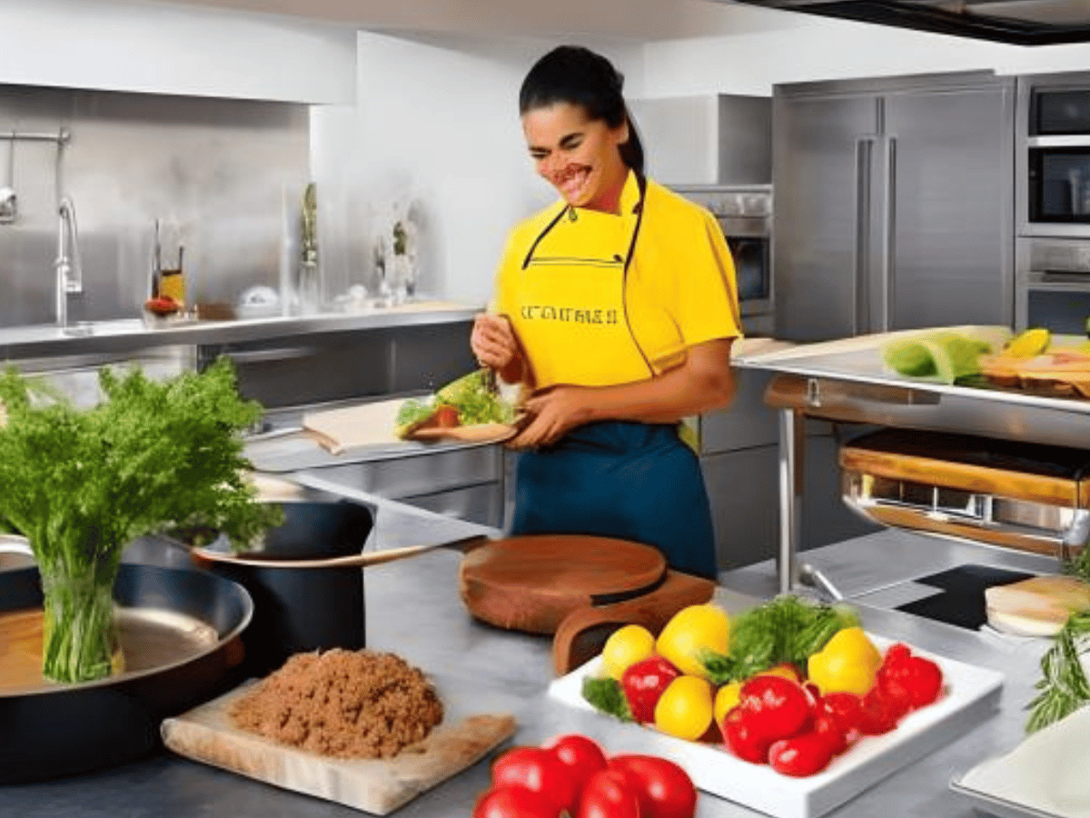 Uma pessoa cortando legumes coloridos na cozinha enquanto segue dicas de culinária